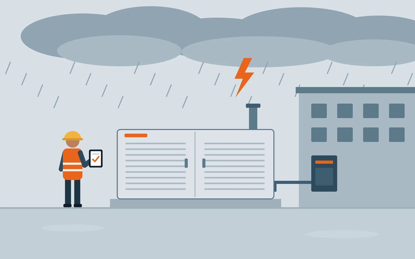 Technician with a tablet next to a standby generator during a storm, connected to a building transfer switch