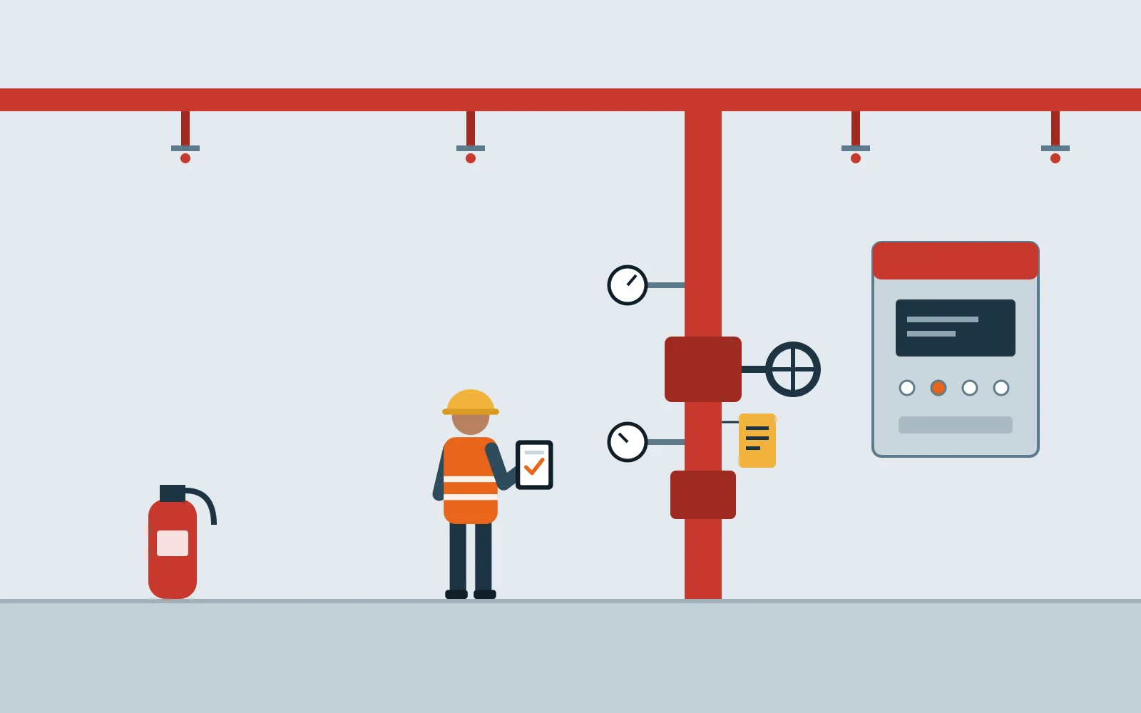 Inspector with a tablet beside a fire sprinkler riser, gauges and an alarm panel