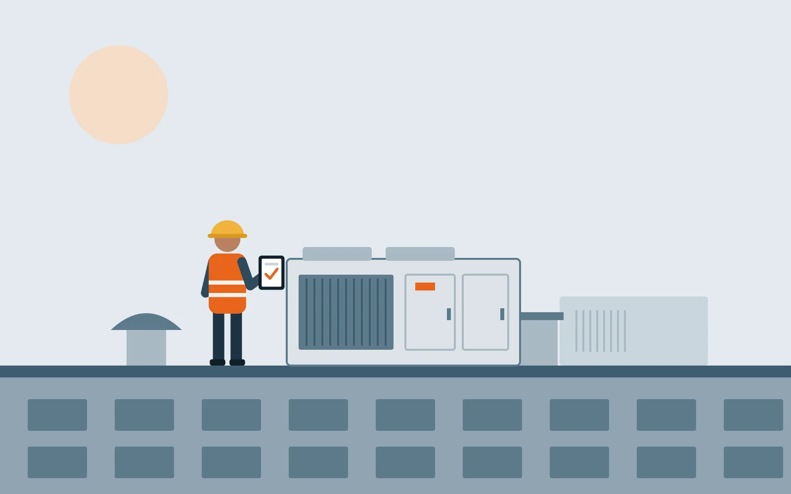 HVAC technician with a tablet next to commercial rooftop units
