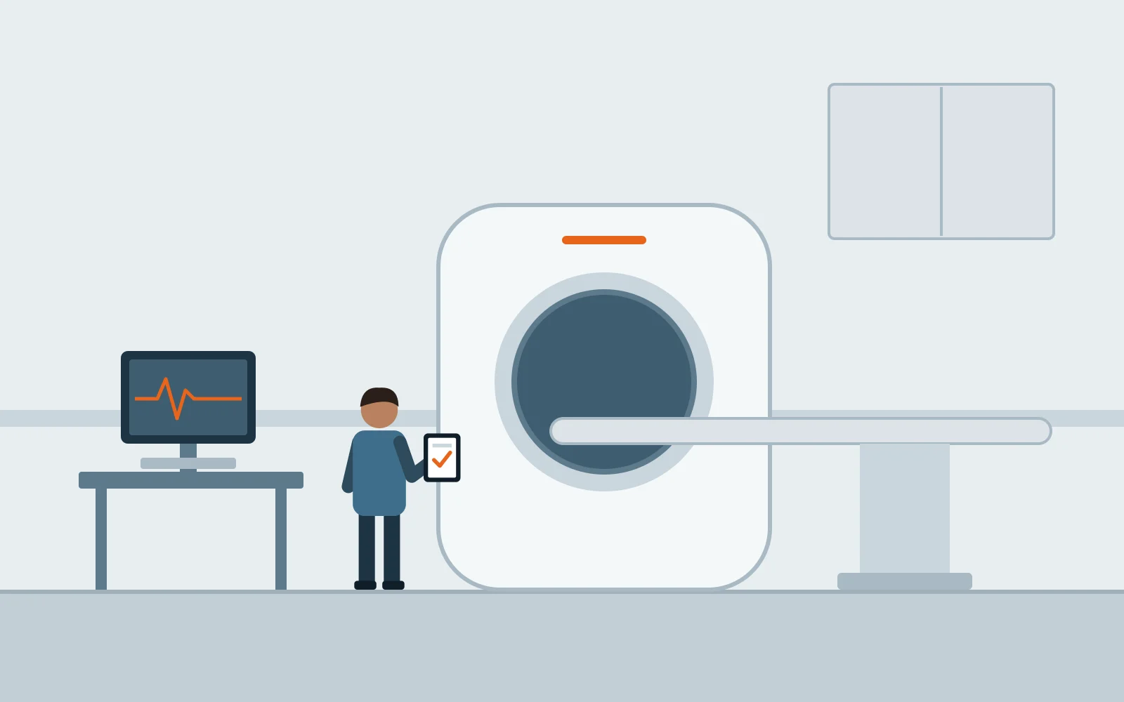 Biomedical service engineer with a tablet beside a CT scanner and monitoring workstation
