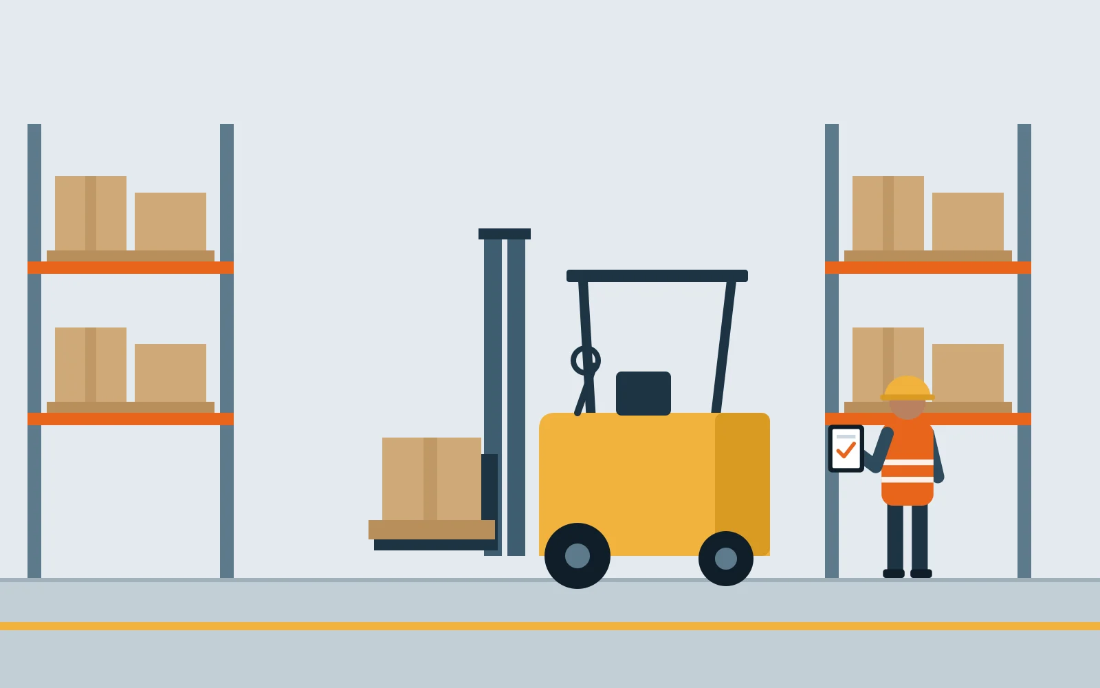Technician with a tablet beside a forklift and warehouse pallet racking