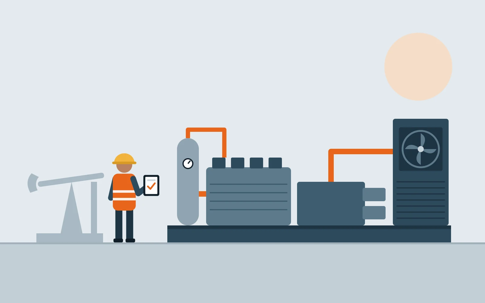 Field technician with a tablet beside a gas compression skid, with a pumpjack in the distance