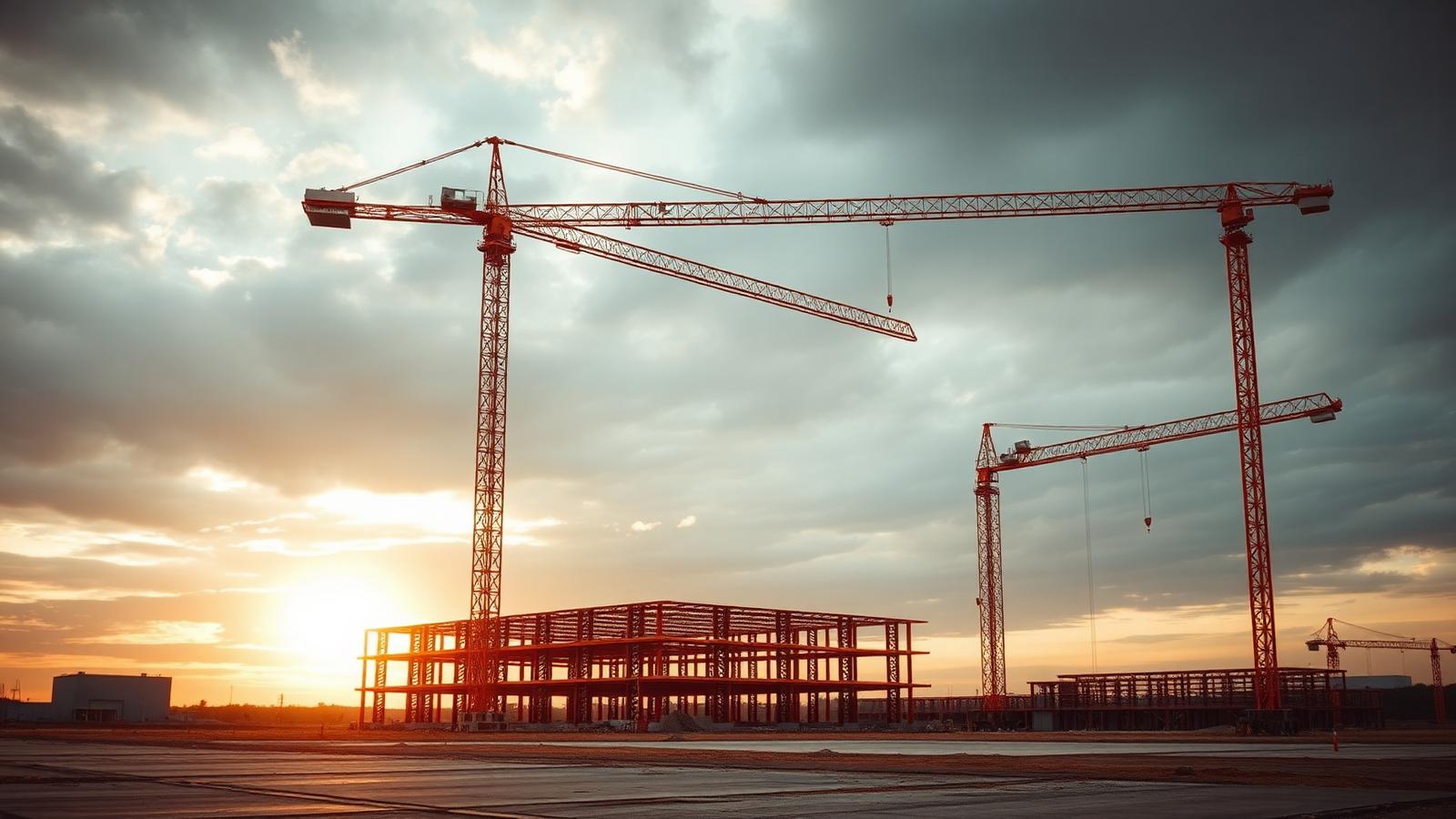 Texas EPC construction site with steel framework and tower cranes at golden hour