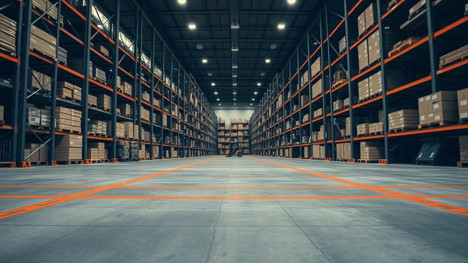 Vast modern distribution warehouse with rust-orange aisle markings