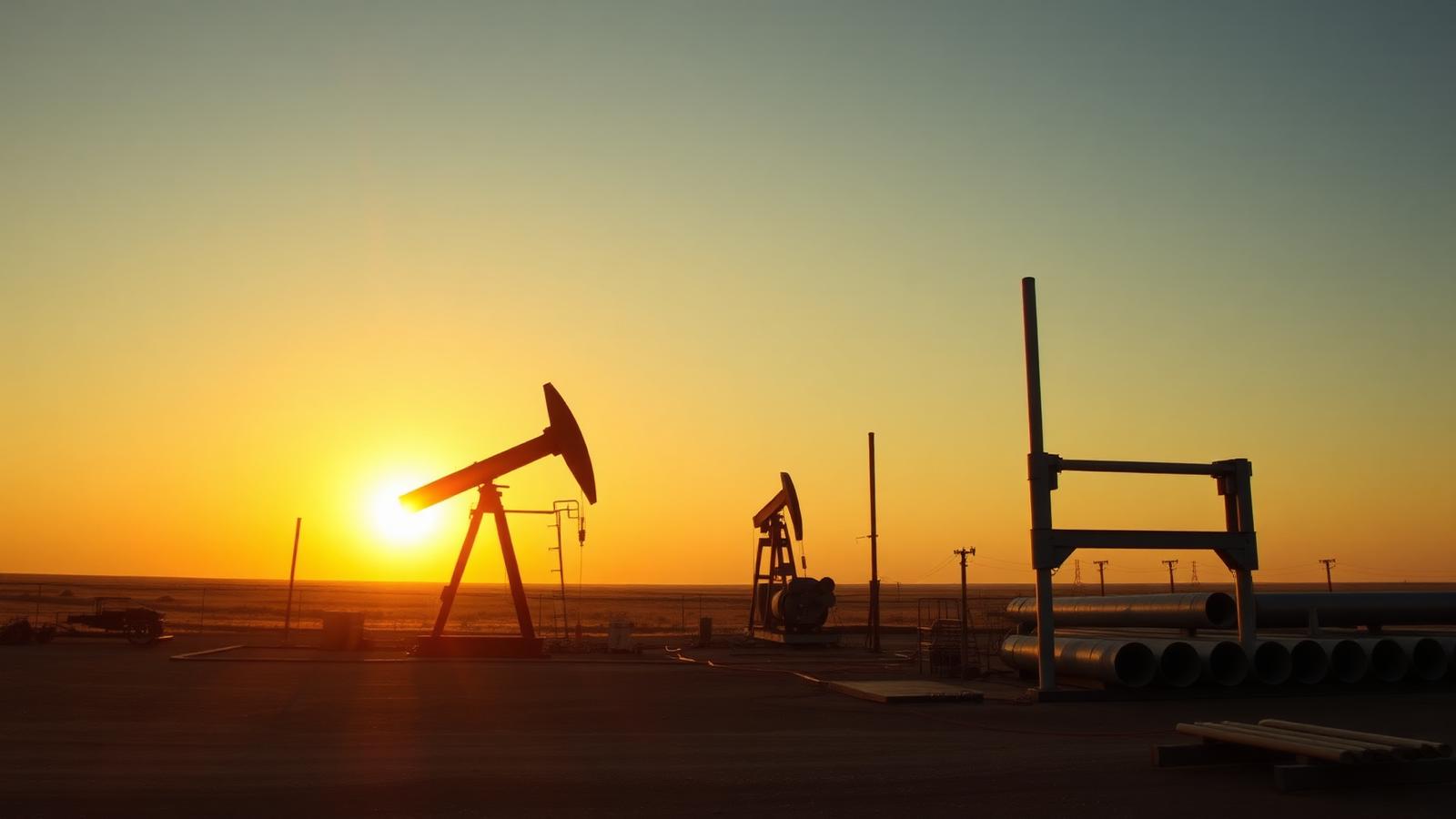 Texas oilfield service yard with pump jacks at sunset