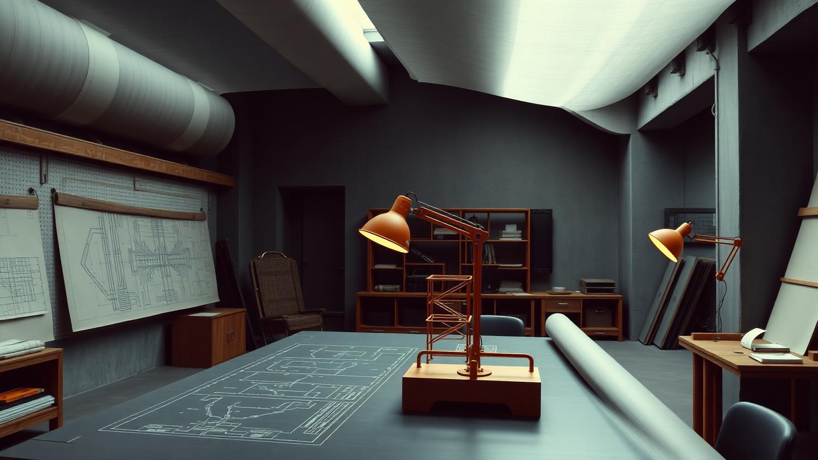 Engineering drafting studio with blueprints and rust-orange task lamps