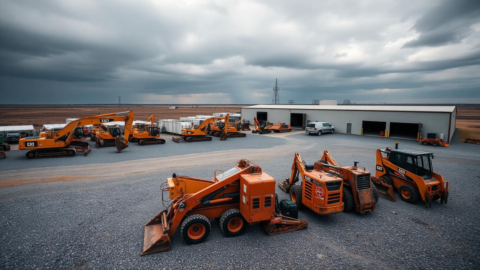 Heavy equipment rental yard with skid steers and excavators