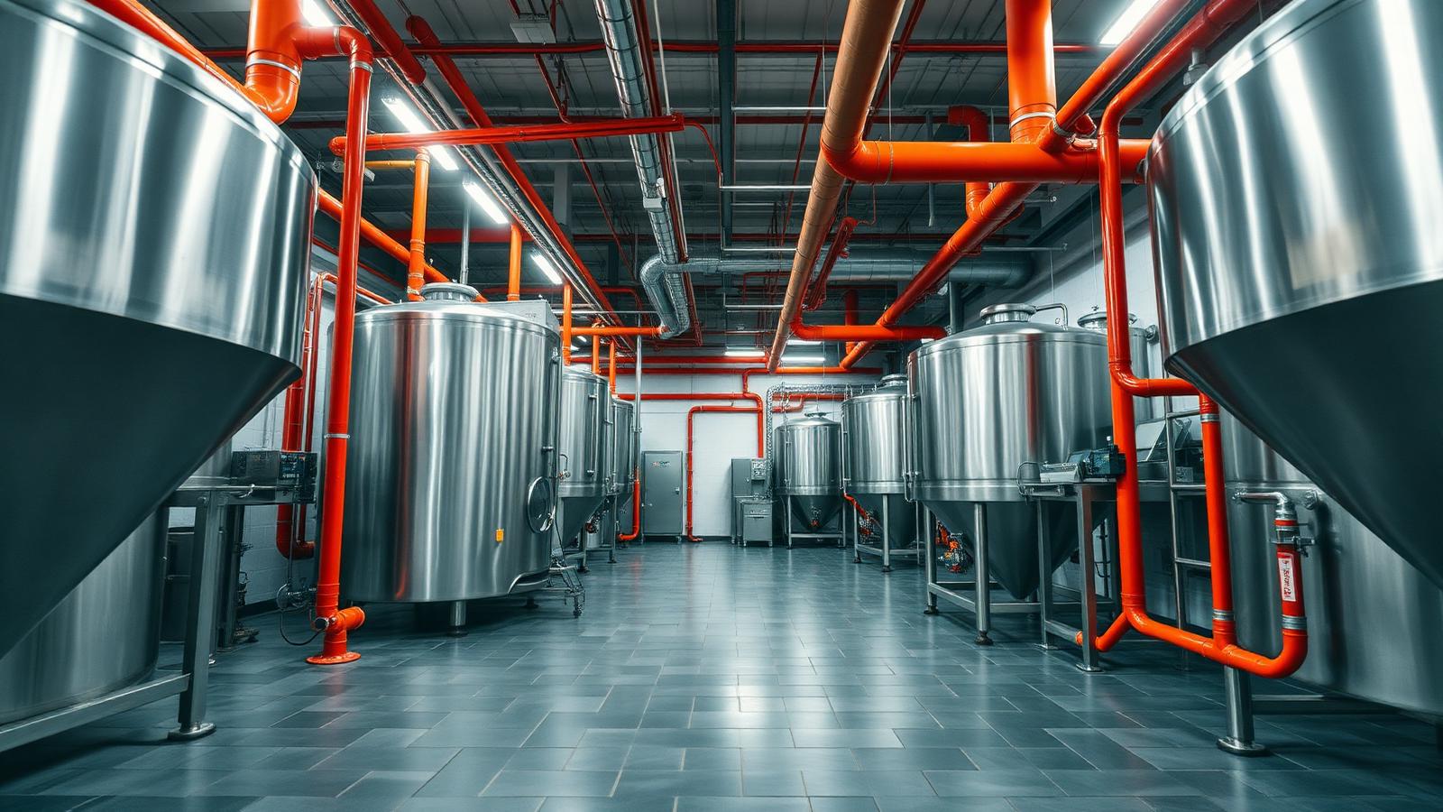 Stainless steel food processing plant with orange piping