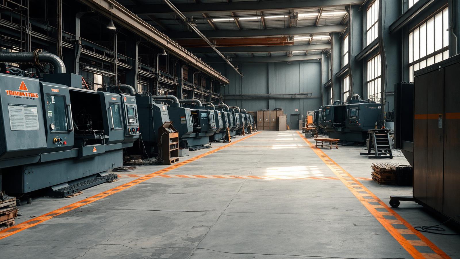 Texas manufacturing shop floor with CNC machines and rust-orange safety markings