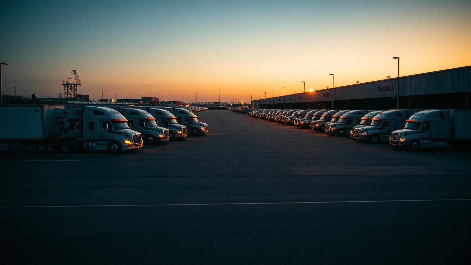 Texas freight terminal at dusk with rows of tractor trailers